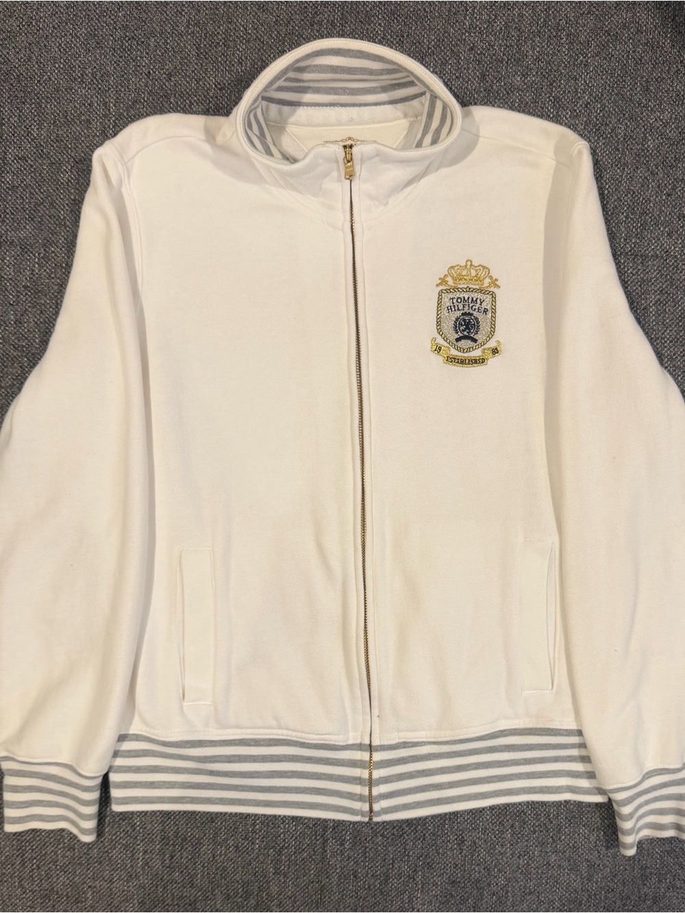 Tommy Hilfiger Cream Full-Zip Bomber with Embroidered Crest